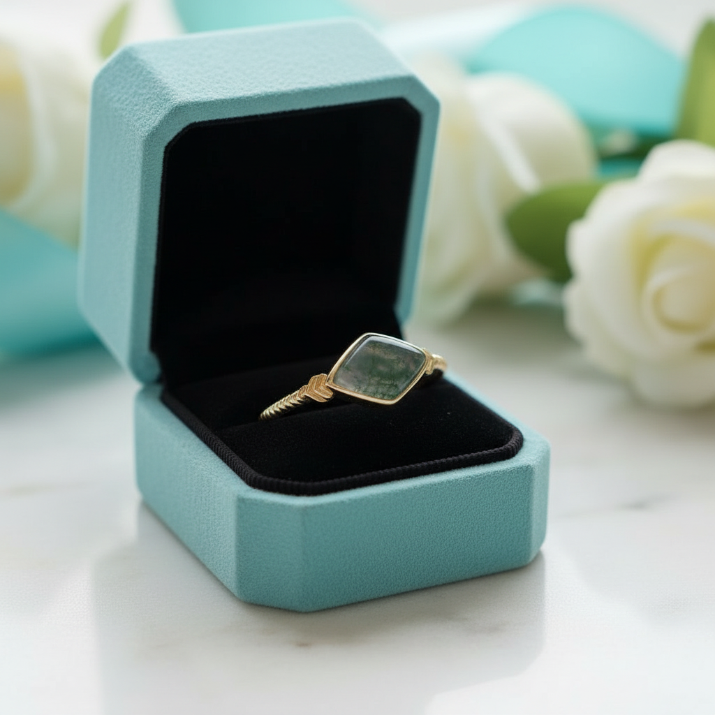 Twilight Vow- Diamond OptionCut Natural Moss Agate Ring - Evani Naomi Jewelry