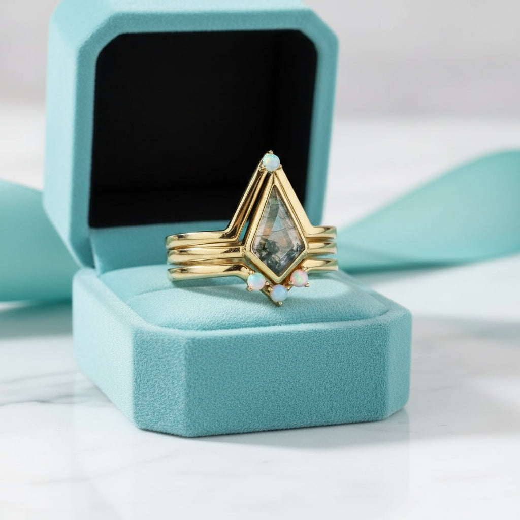 Celestial Promise- Unique Crown Natural Moss Agate Promise Ring Set-Evani Jewelry