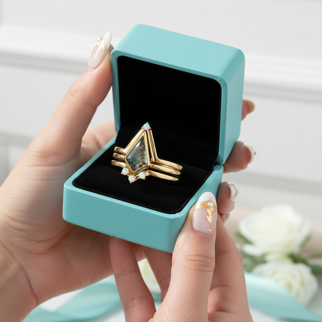 Celestial Promise- Unique Crown Natural Moss Agate Promise Ring Set