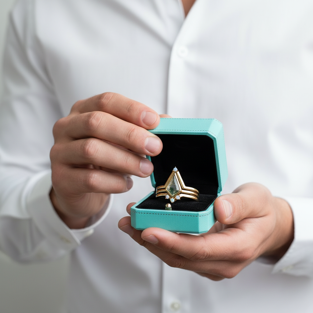 Celestial Promise- Unique Crown Natural Moss Agate Promise Ring Set