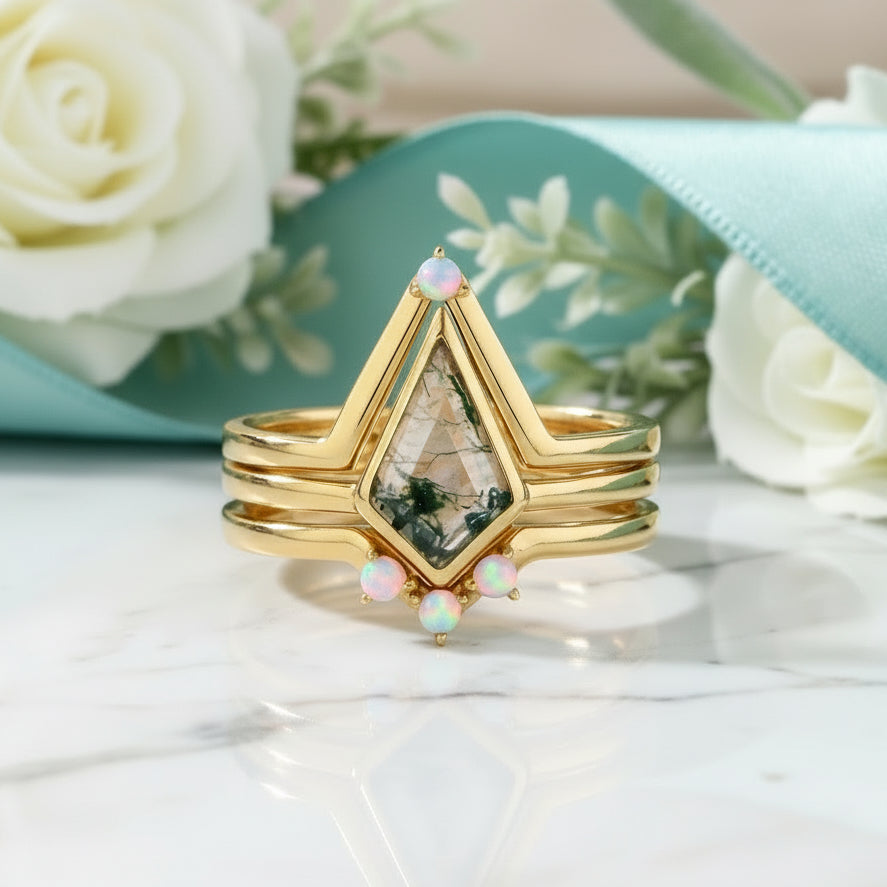 Celestial Promise- Unique Crown Natural Moss Agate Promise Ring Set - Evani Naomi Jewelry