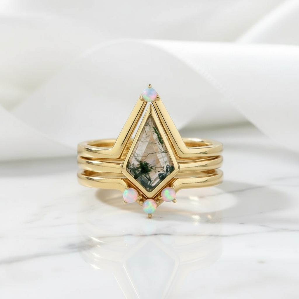 Celestial Promise- Unique Crown Natural Moss Agate Promise Ring Set