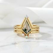 Celestial Promise- Unique Crown Natural Moss Agate Promise Ring Set