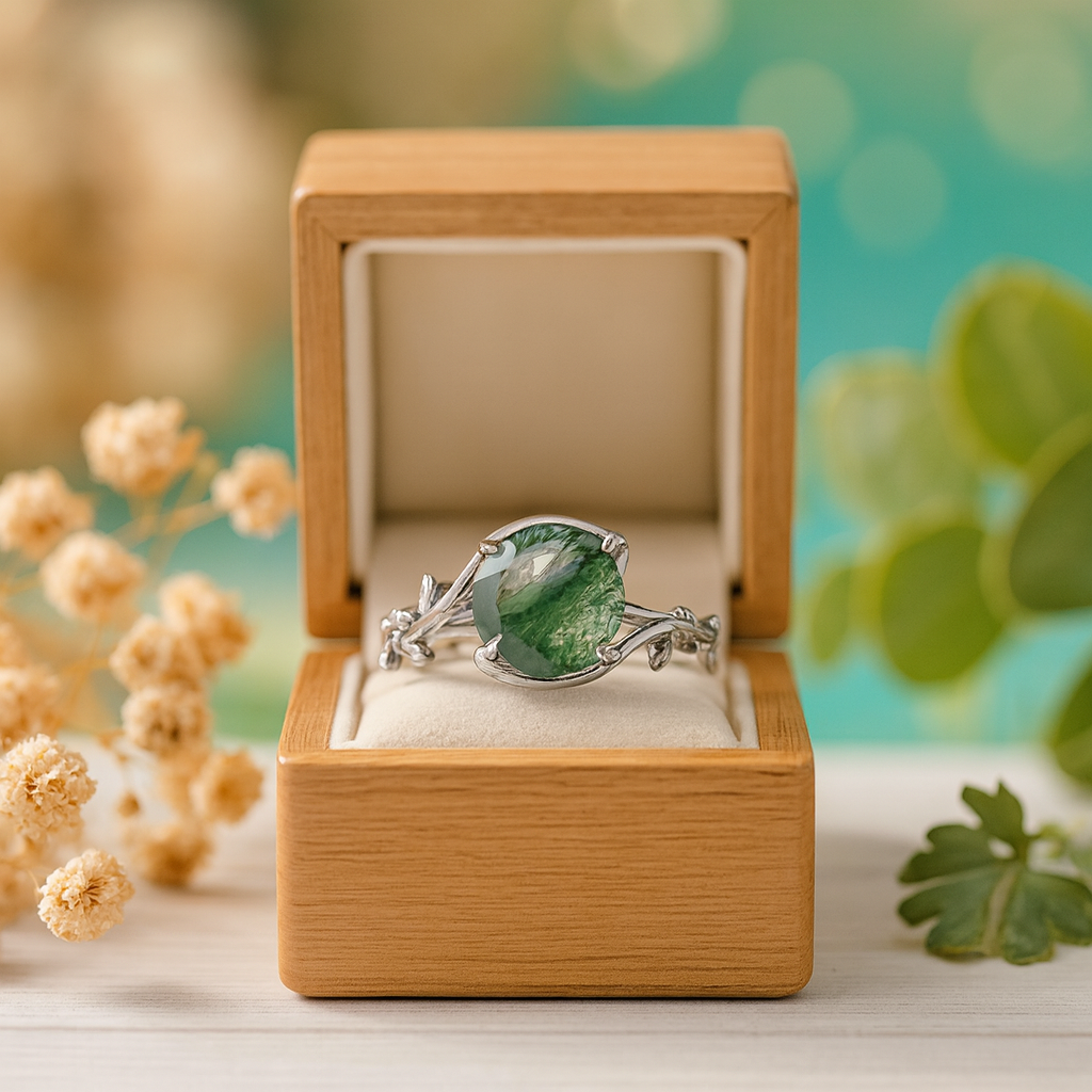 Silver ring with a green stone in an open wooden box against a blurred natural background