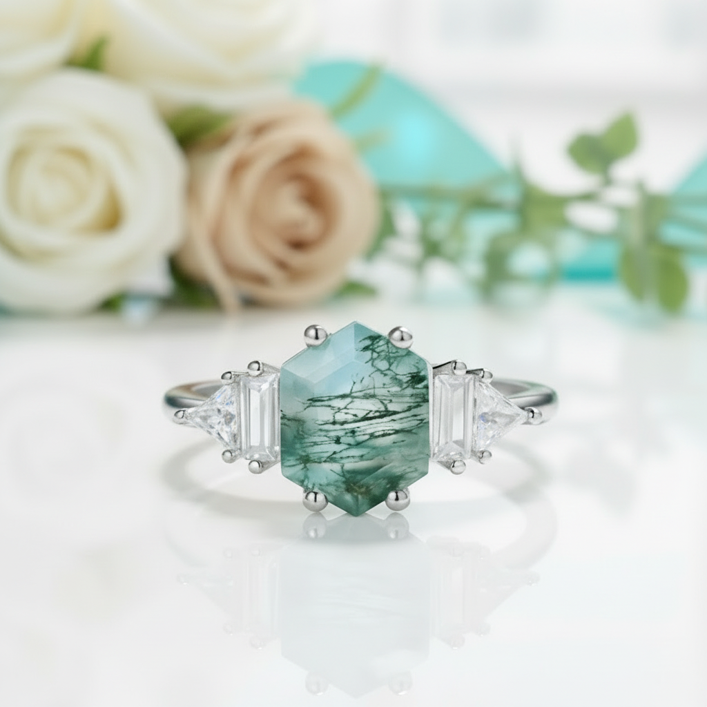 Star-Gazer's Love- Hexagon Cut Natural Moss Agate Stone Ring