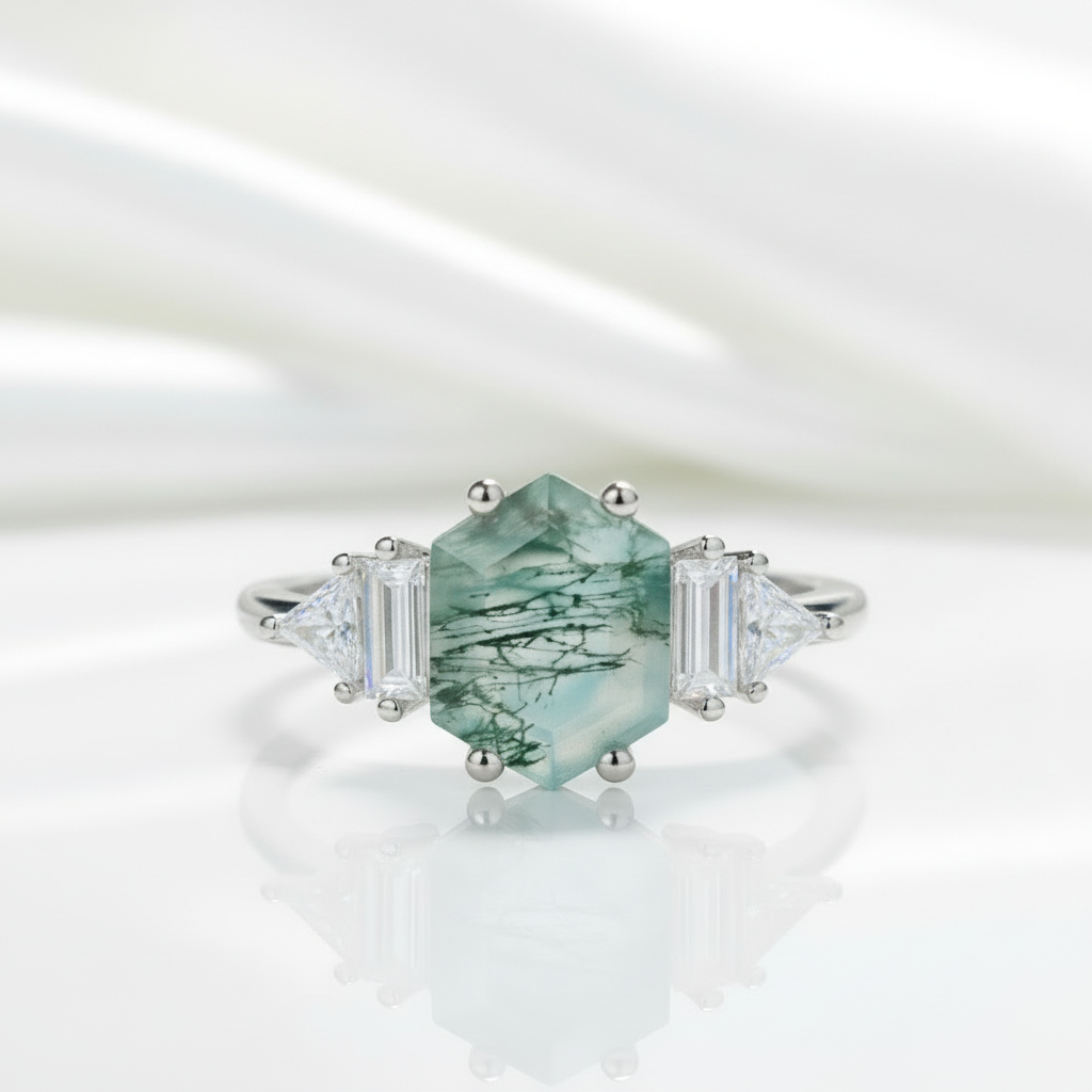 Star-Gazer's Love- Hexagon Cut Natural Moss Agate Stone Ring