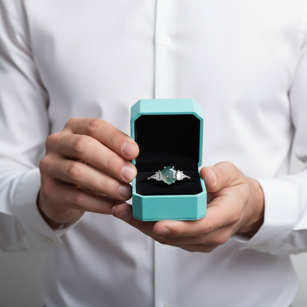 Star-Gazer's Love- Hexagon Cut Natural Moss Agate Stone Ring-Evani Jewelry