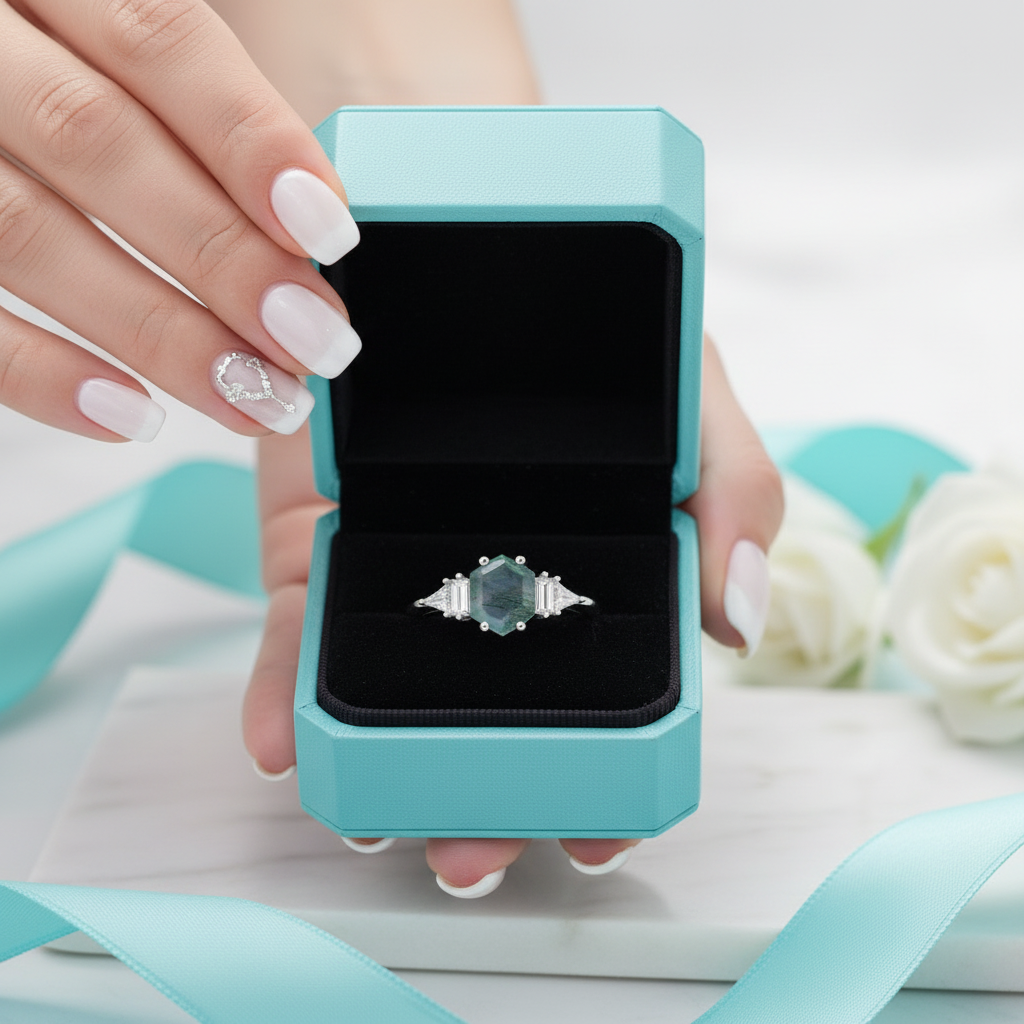 Star-Gazer's Love- Hexagon Cut Natural Moss Agate Stone Ring-Evani Jewelry