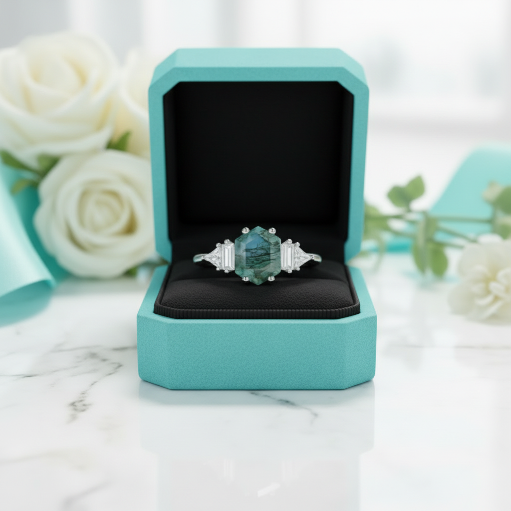 Star-Gazer's Love- Hexagon Cut Natural Moss Agate Stone Ring