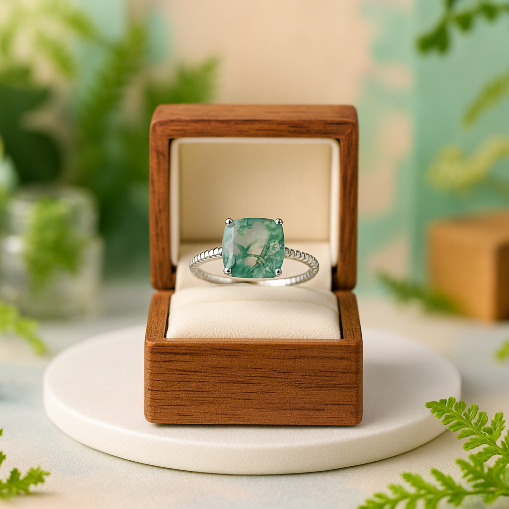 Dawn's Kiss- Cushion Cut Moss Agate Promise Ring-Evani Jewelry