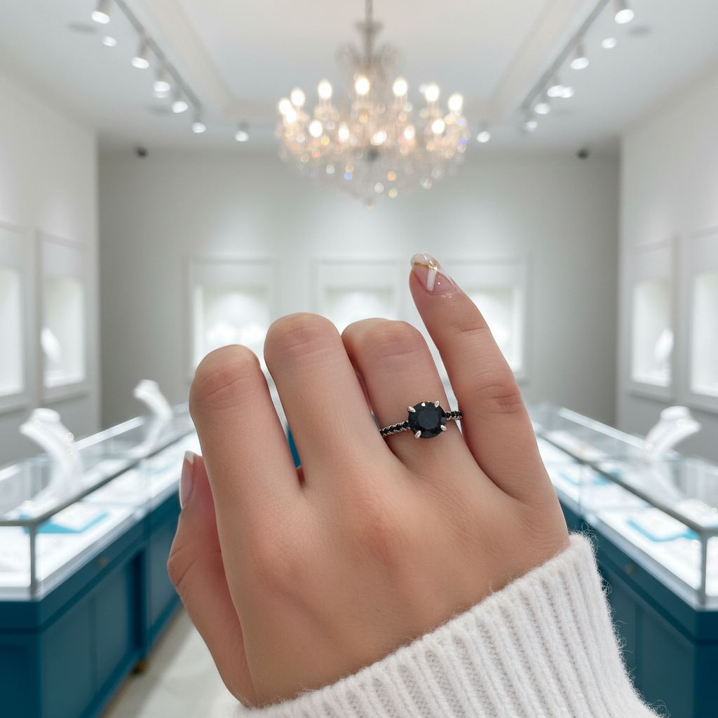 Exclusive Round Cut Black Diamond White Gold Engagement Ring-Evani Jewelry