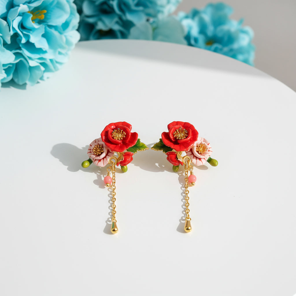 Exquisite Enamel Red Flower Elegant Earrings-Evani Naomi Jewelry