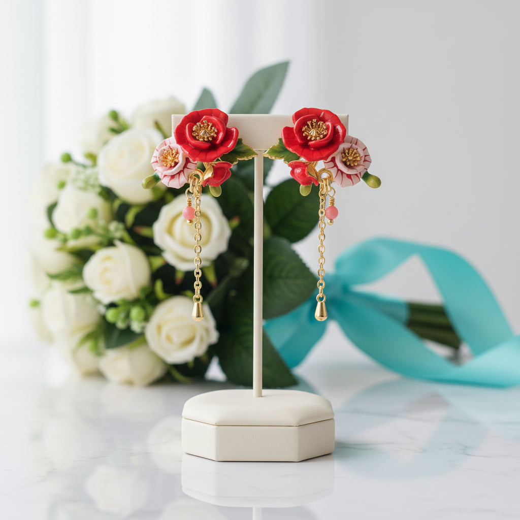Exquisite Enamel Red Flower Elegant Earrings-Evani Jewelry