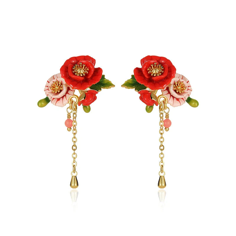 Exquisite Enamel Red Flower Elegant Earrings-Evani Naomi Jewelry