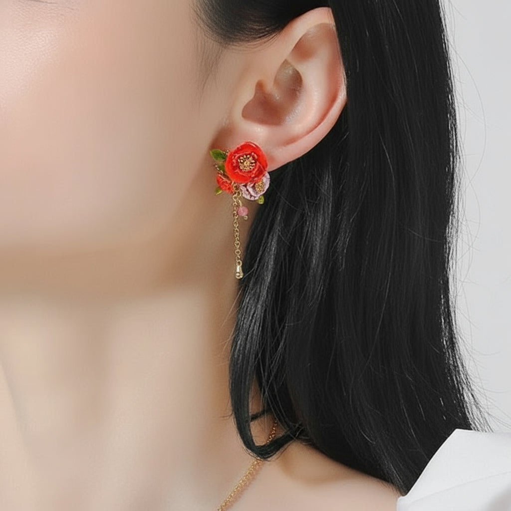 Exquisite Enamel Red Flower Elegant Earrings-Evani Naomi Jewelry