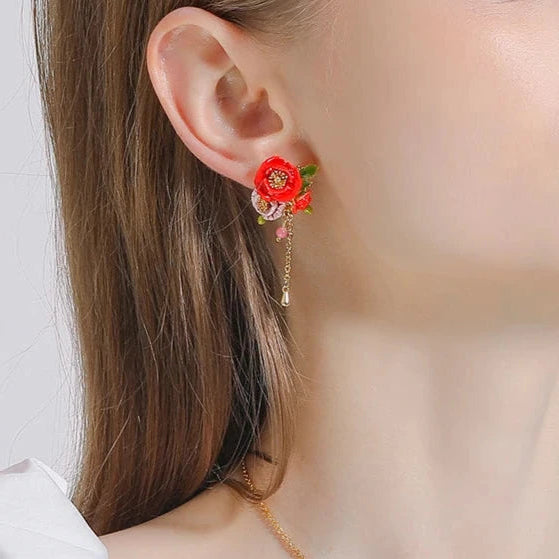 Exquisite Enamel Red Flower Elegant Earrings-Evani Naomi Jewelry