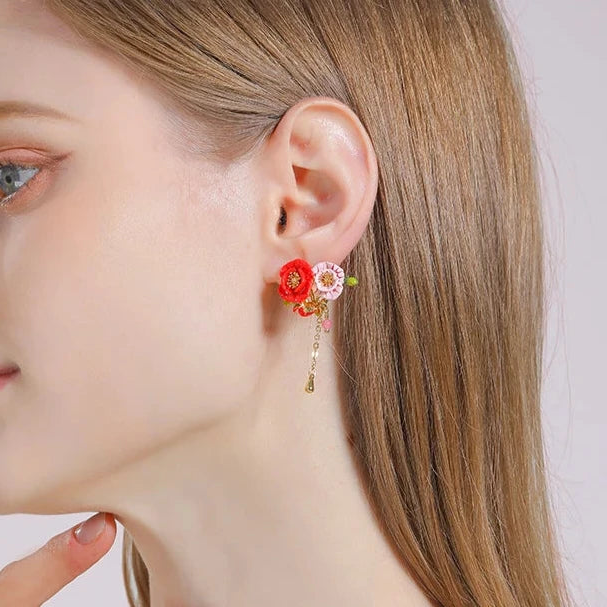 Exquisite Enamel Red Flower Elegant Earrings-Evani Naomi Jewelry