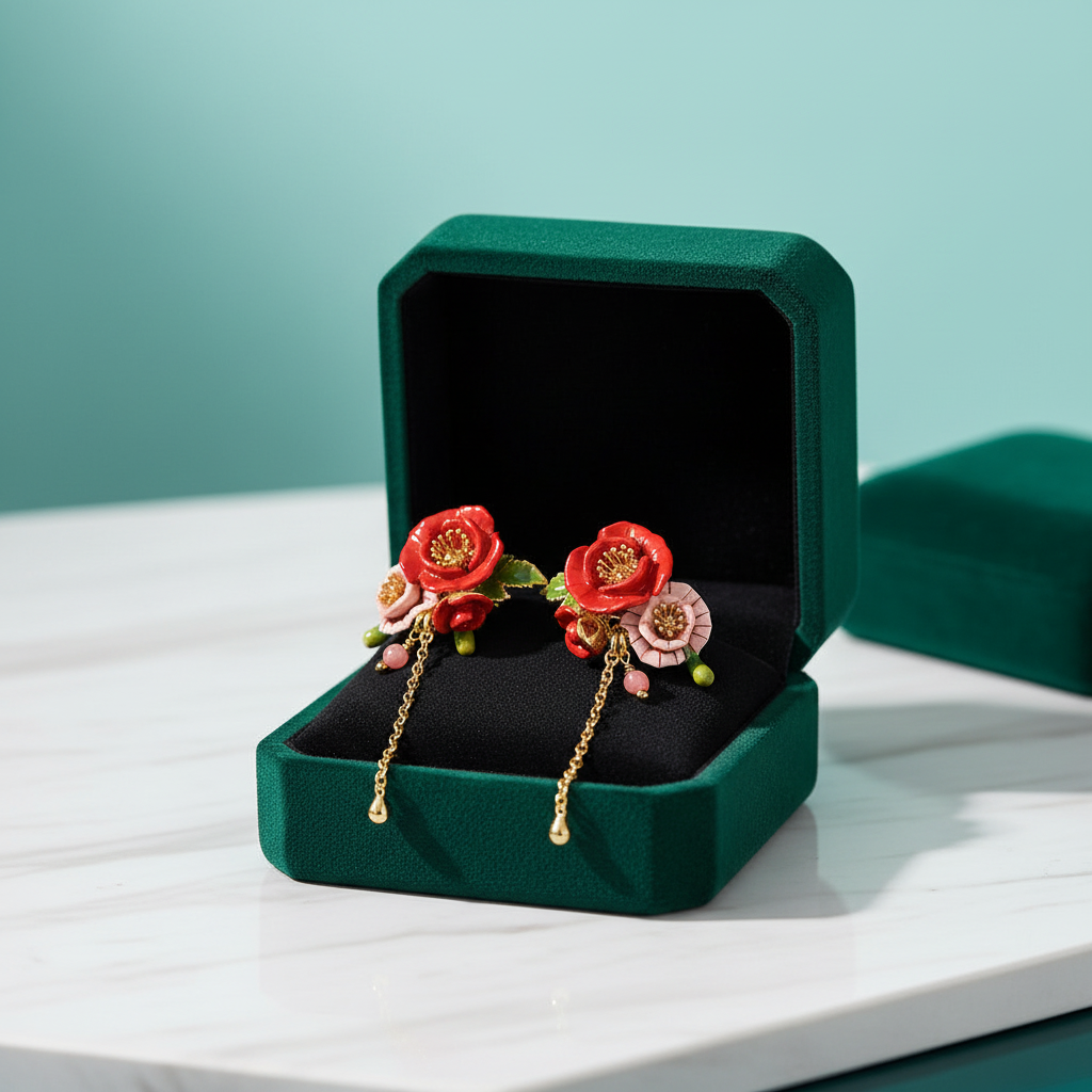 Exquisite Enamel Red Flower Elegant Earrings