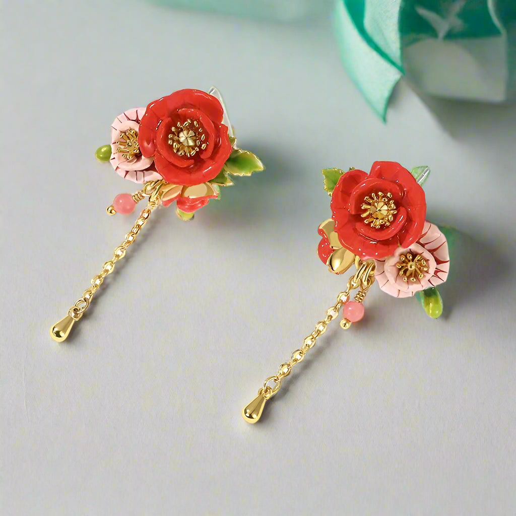 Exquisite Enamel Red Flower Elegant Earrings-Evani Naomi Jewelry