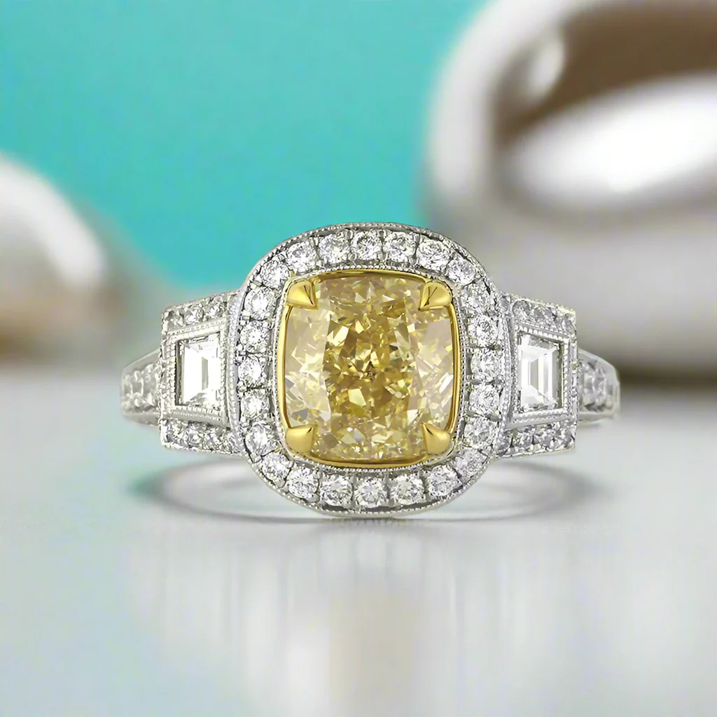 Flash Sale- 3.45 Ct Fancy Yellow Cushion Cut Diamond Engagement Ring-Evani Naomi Jewelry