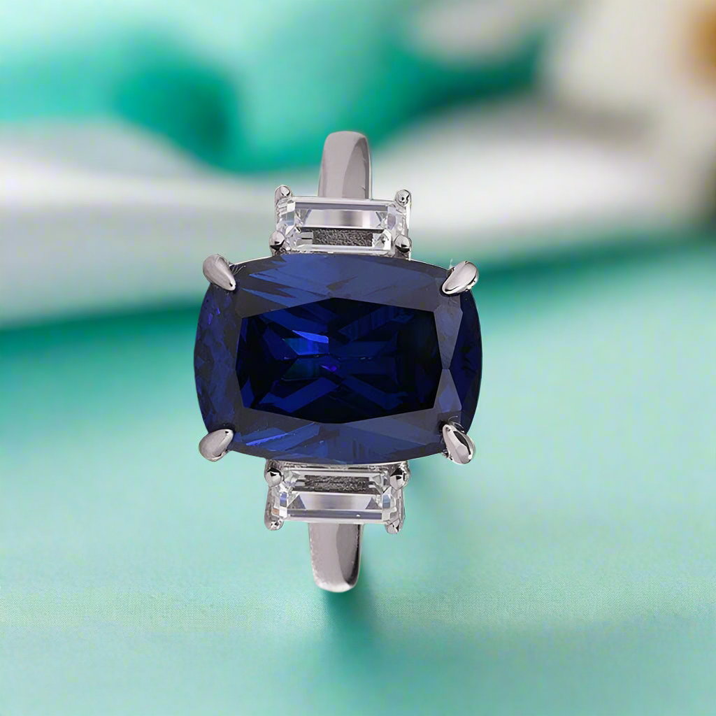 Flash Sale- 5.0 ct Three Stone Cushion Cut Blue Sapphire Engagement Ring-Evani Naomi Jewelry