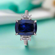 Flash Sale- 5.0 ct Three Stone Cushion Cut Blue Sapphire Engagement Ring-Evani Naomi Jewelry