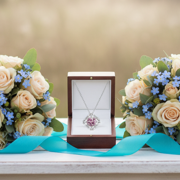 Floral arrangement with a necklace on a table outdoors