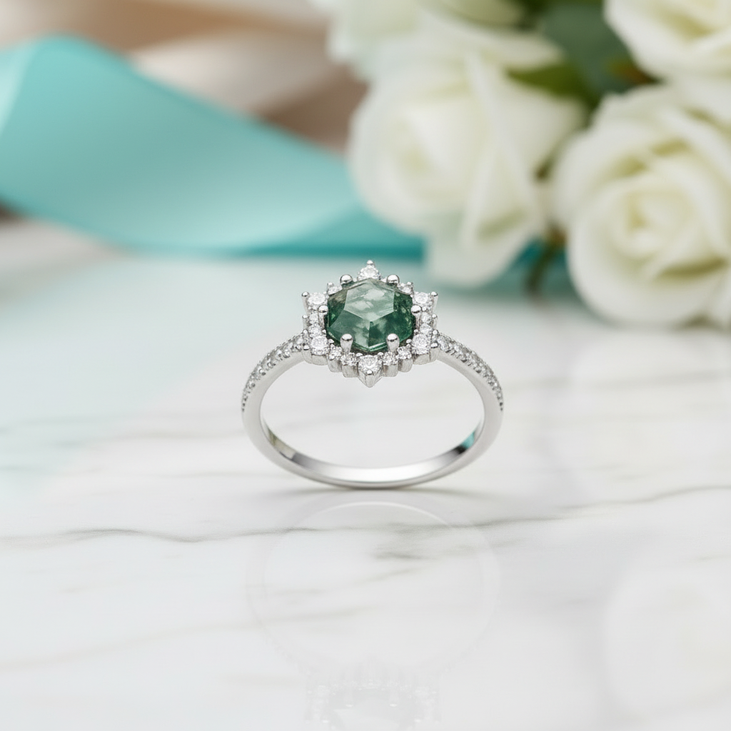 Forest Heart- Hexagon Cut Natural Moss Agate Ring-Evani Jewelry