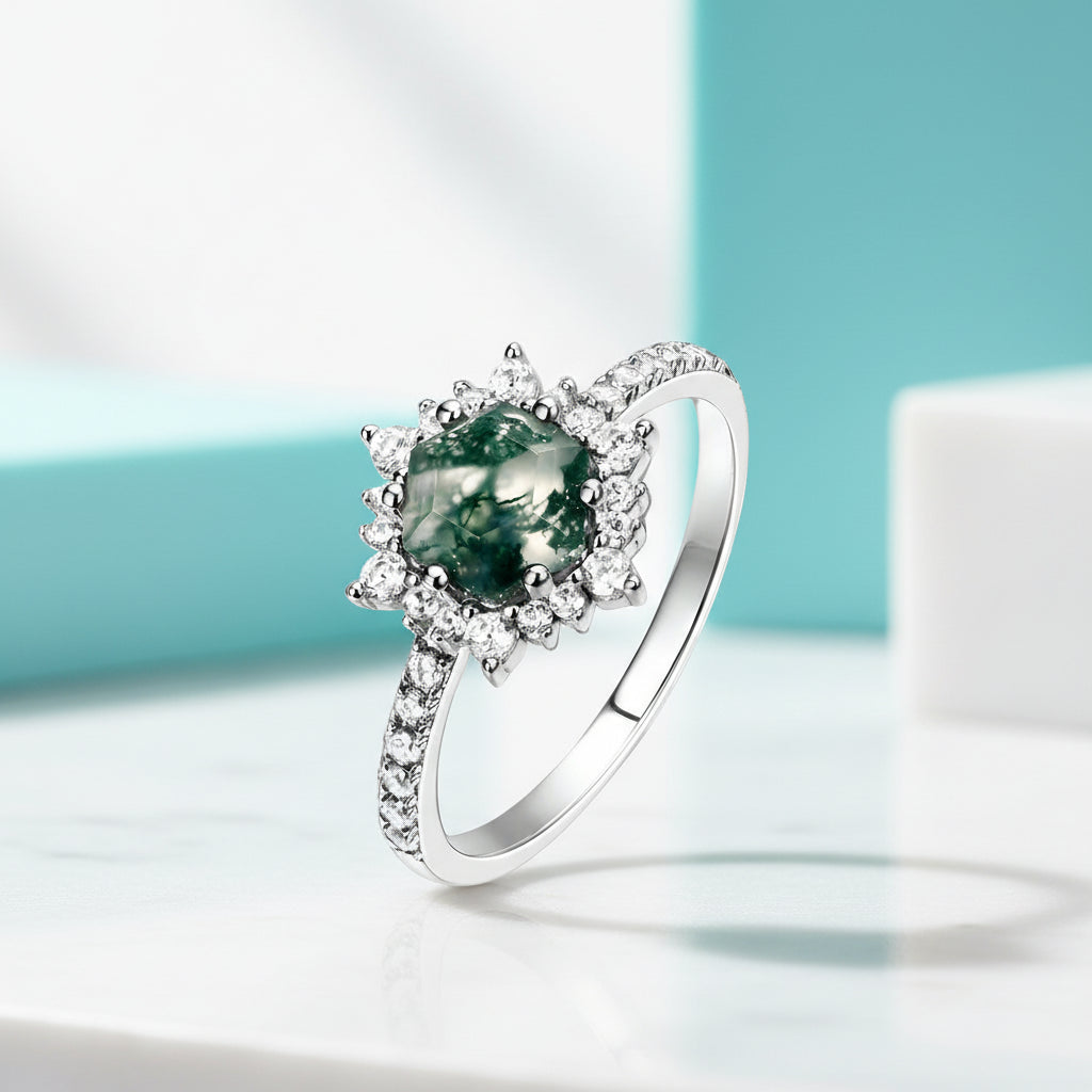 Forest Heart- Hexagon Cut Natural Moss Agate Ring-Evani Jewelry