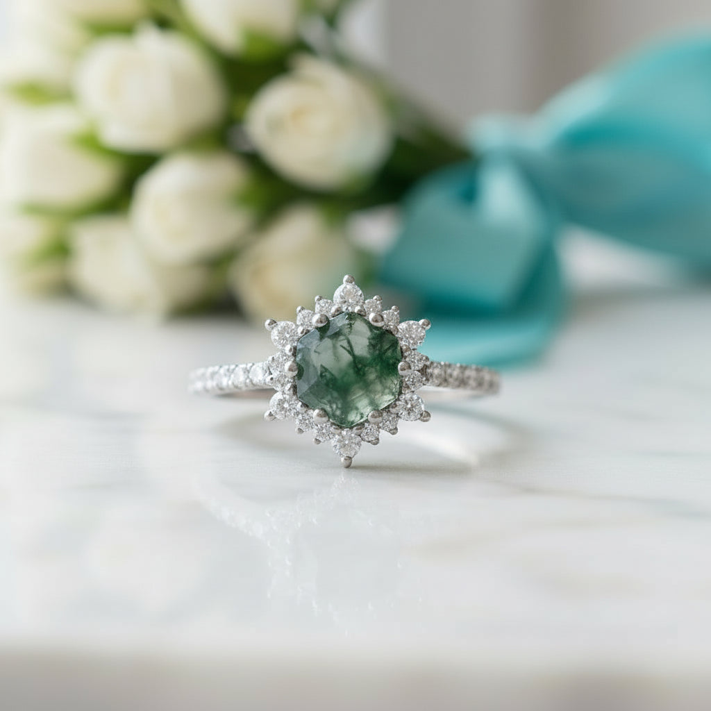 Forest Heart- Hexagon Cut Natural Moss Agate Ring-Evani Jewelry