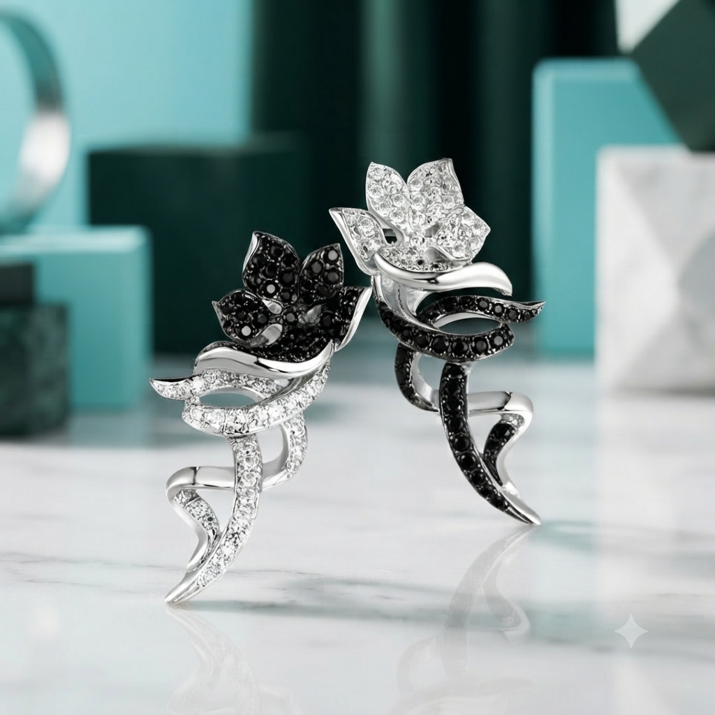 Unique Black & Silver Flower with Vines Clip Earrings