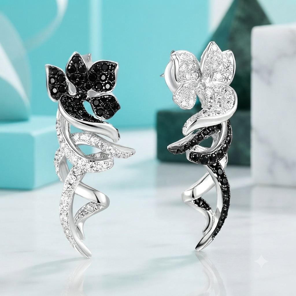 Unique Black & Silver Flower with Vines Clip Earrings