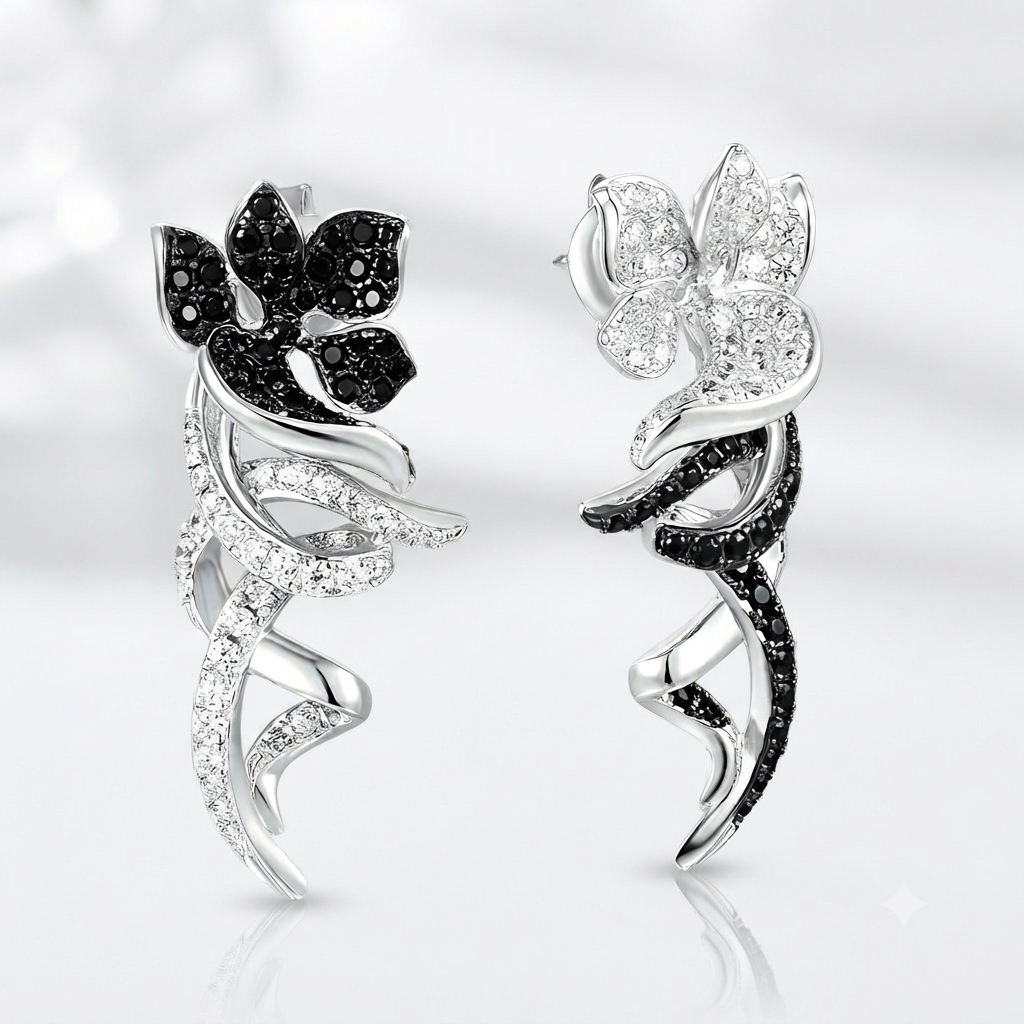 Unique Black & Silver Flower with Vines Clip Earrings