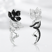 Unique Black & Silver Flower with Vines Clip Earrings