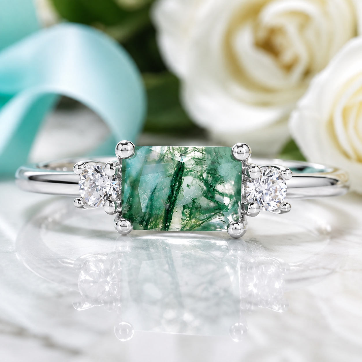 A silver ring featuring a rectangular green stone with tree-like inclusions, flanked by two round clear stones, displayed on a reflective white surface with soft-focus white roses and a turquoise ribbon in the background.