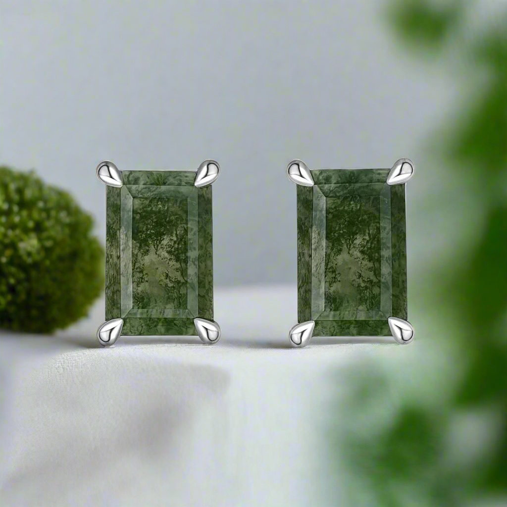 Glimmer of Hope- Emerald Cut Moss Agate & Alexandrite Stud Earrings - Evani Naomi Jewelry