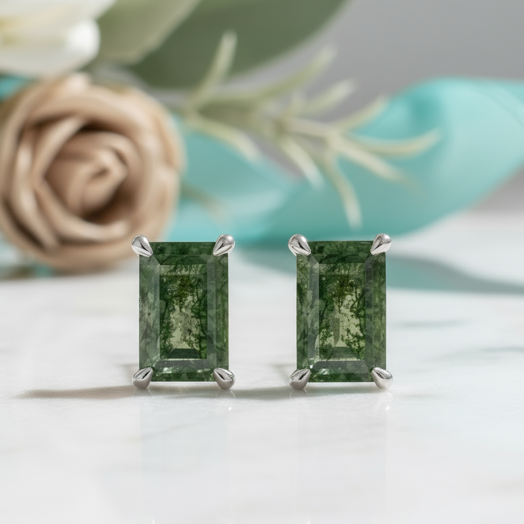Glimmer of Hope- Emerald Cut Moss Agate & Alexandrite Stud Earrings-Evani Jewelry
