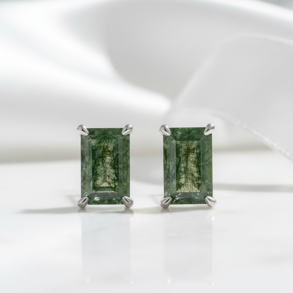 Glimmer of Hope- Emerald Cut Moss Agate & Alexandrite Stud Earrings