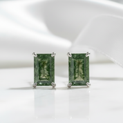 Glimmer of Hope- Emerald Cut Moss Agate & Alexandrite Stud Earrings