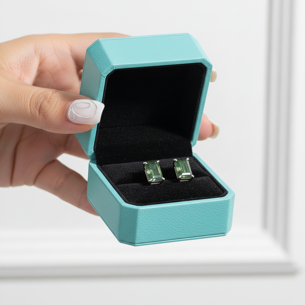 Glimmer of Hope- Emerald Cut Moss Agate & Alexandrite Stud Earrings