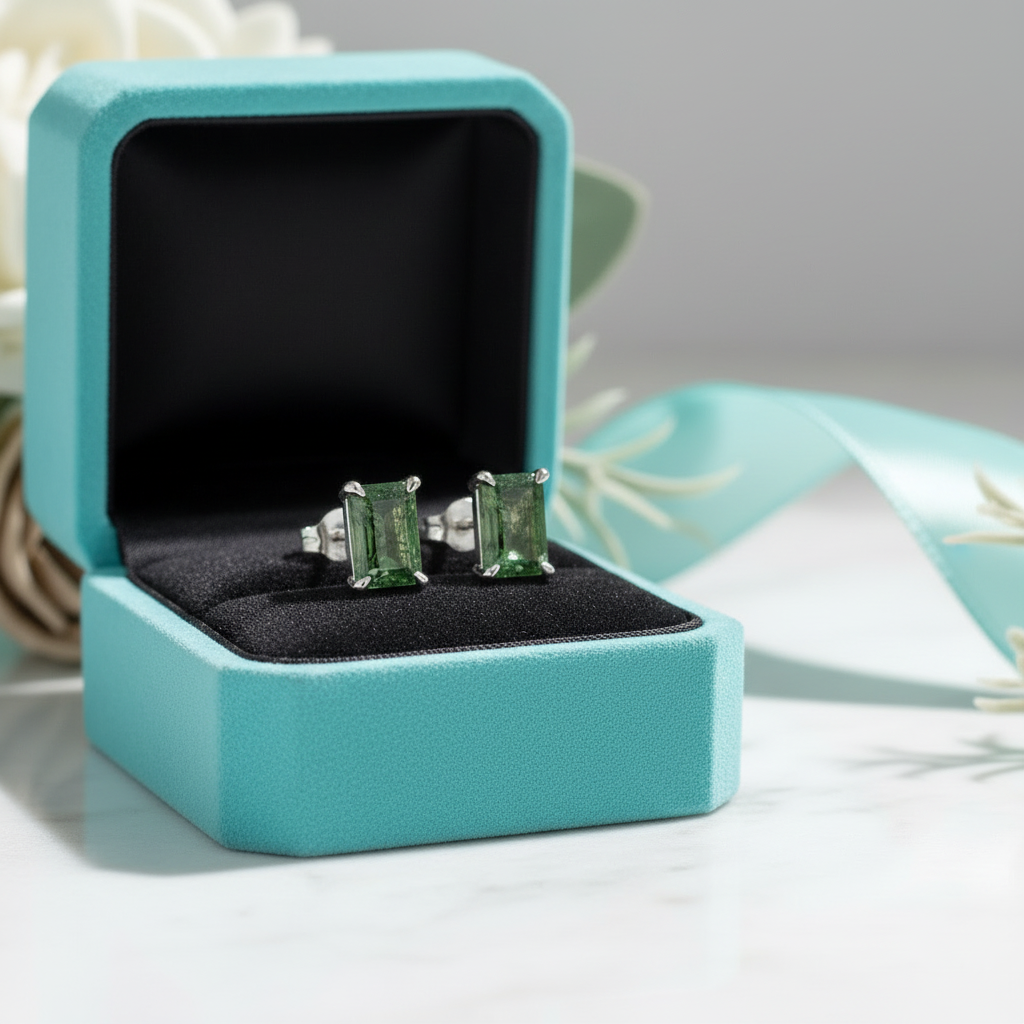 Glimmer of Hope- Emerald Cut Moss Agate & Alexandrite Stud Earrings - Evani Naomi Jewelry