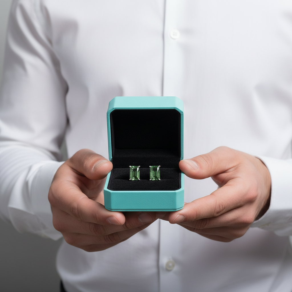 Glimmer of Hope- Emerald Cut Moss Agate & Alexandrite Stud Earrings