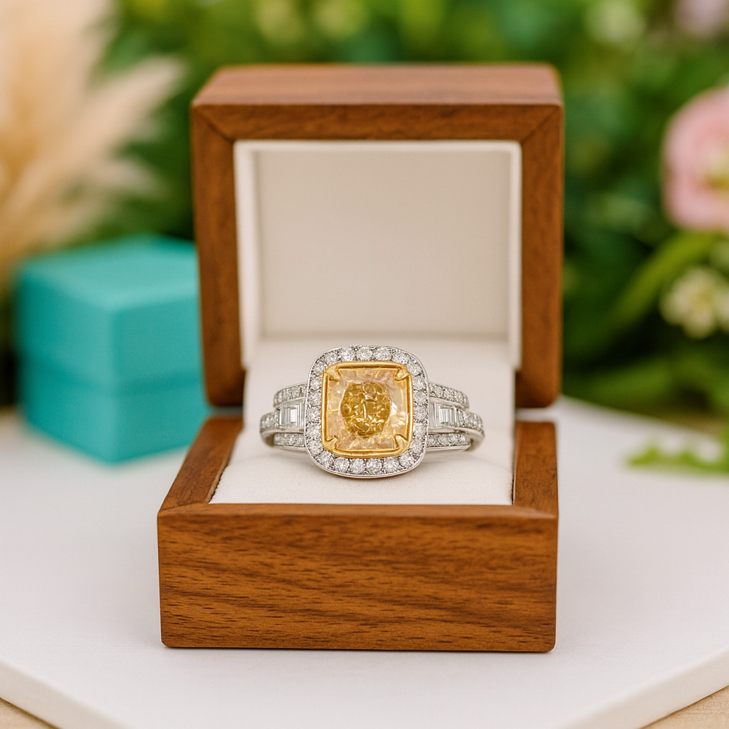 Gold and silver ring in a wooden box with a blurred floral background