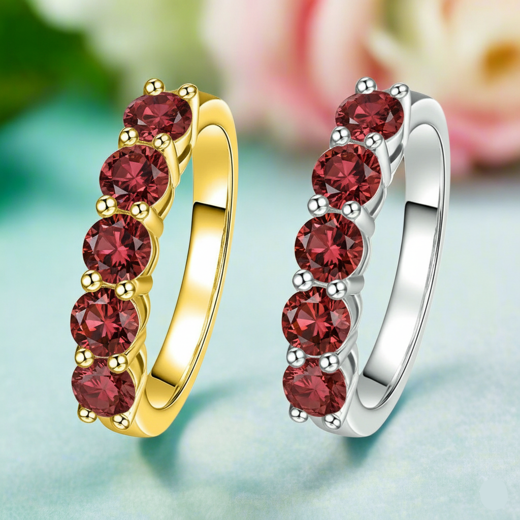 Gold and silver rings with red gemstones on a light blue background