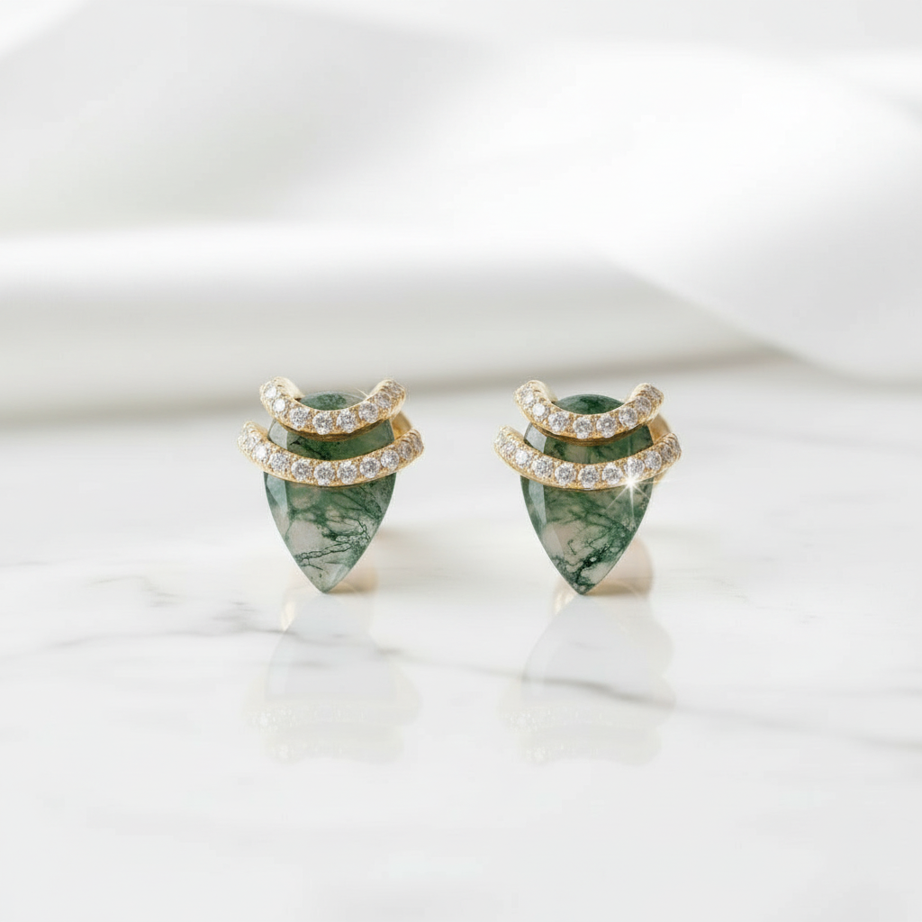 Tapestry of Us- Unique Natural Moss Agate Pear Cut Stud Earring