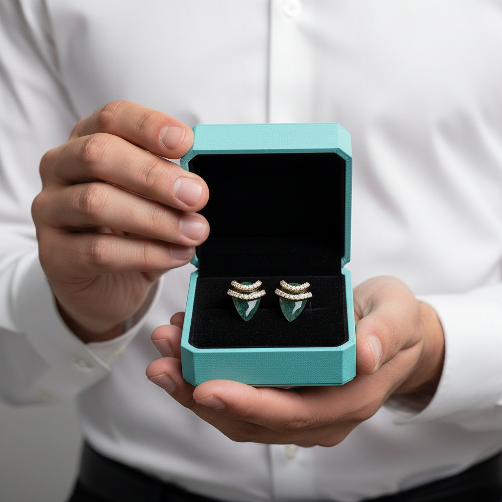 Tapestry of Us- Unique Natural Moss Agate Pear Cut Stud Earring