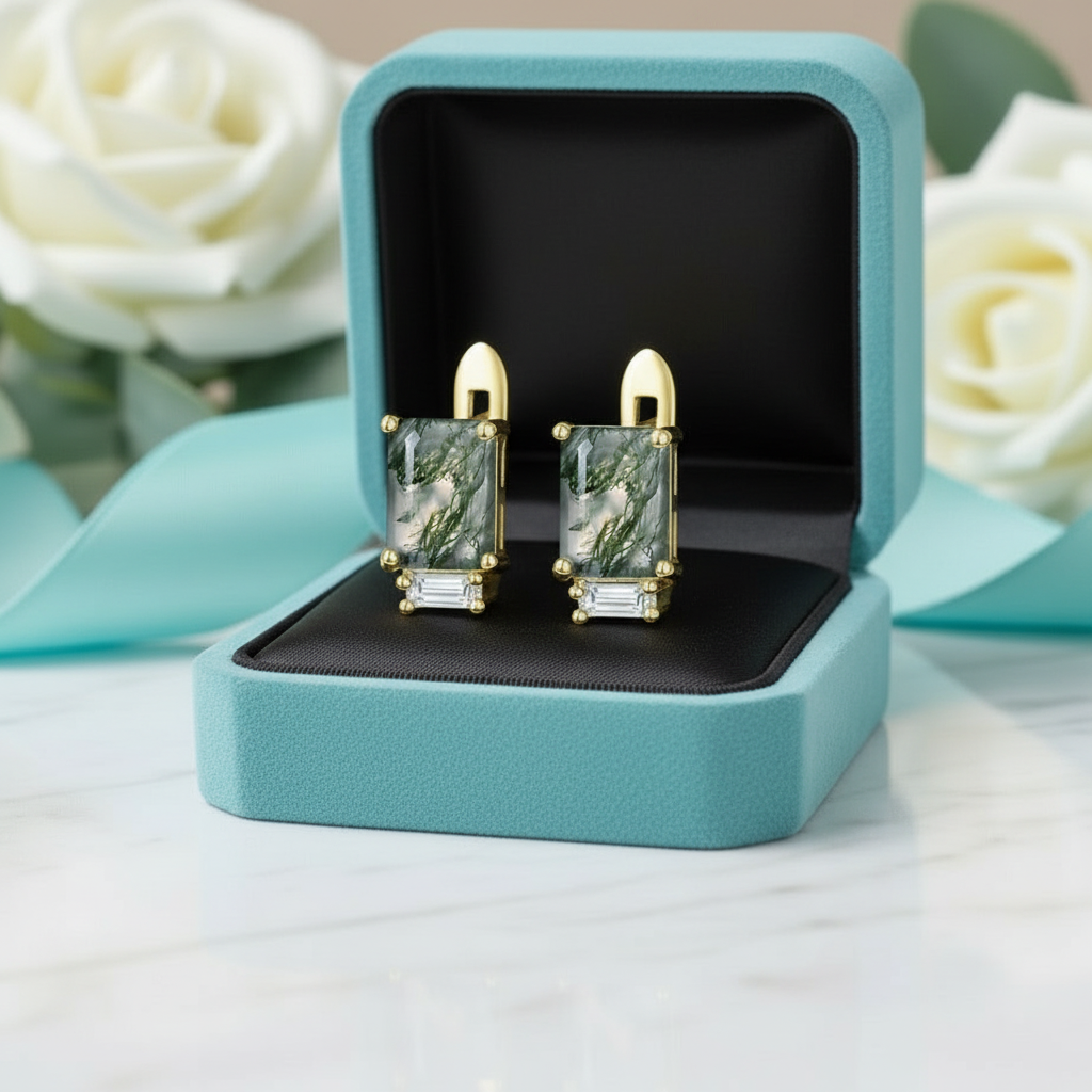 Profound Romance- Unique Octagon Cut Moss Agate Studs Earrings