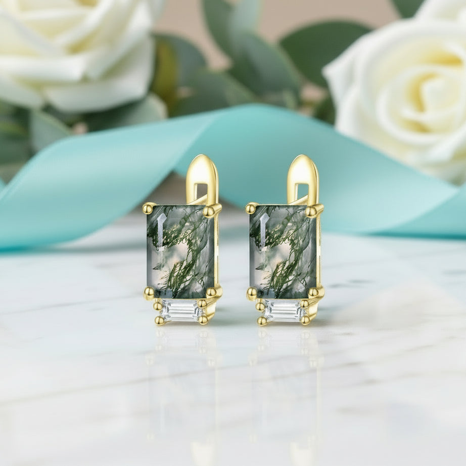 Profound Romance- Unique Octagon Cut Moss Agate Studs Earrings-Evani Jewelry