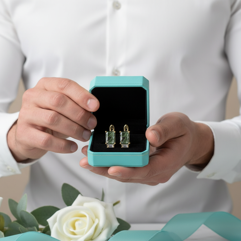 Profound Romance- Unique Octagon Cut Moss Agate Studs Earrings