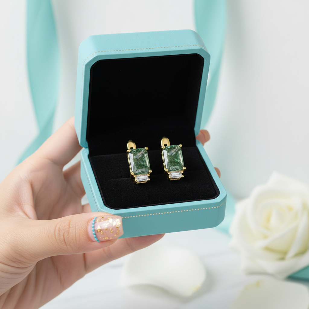 Profound Romance- Unique Octagon Cut Moss Agate Studs Earrings